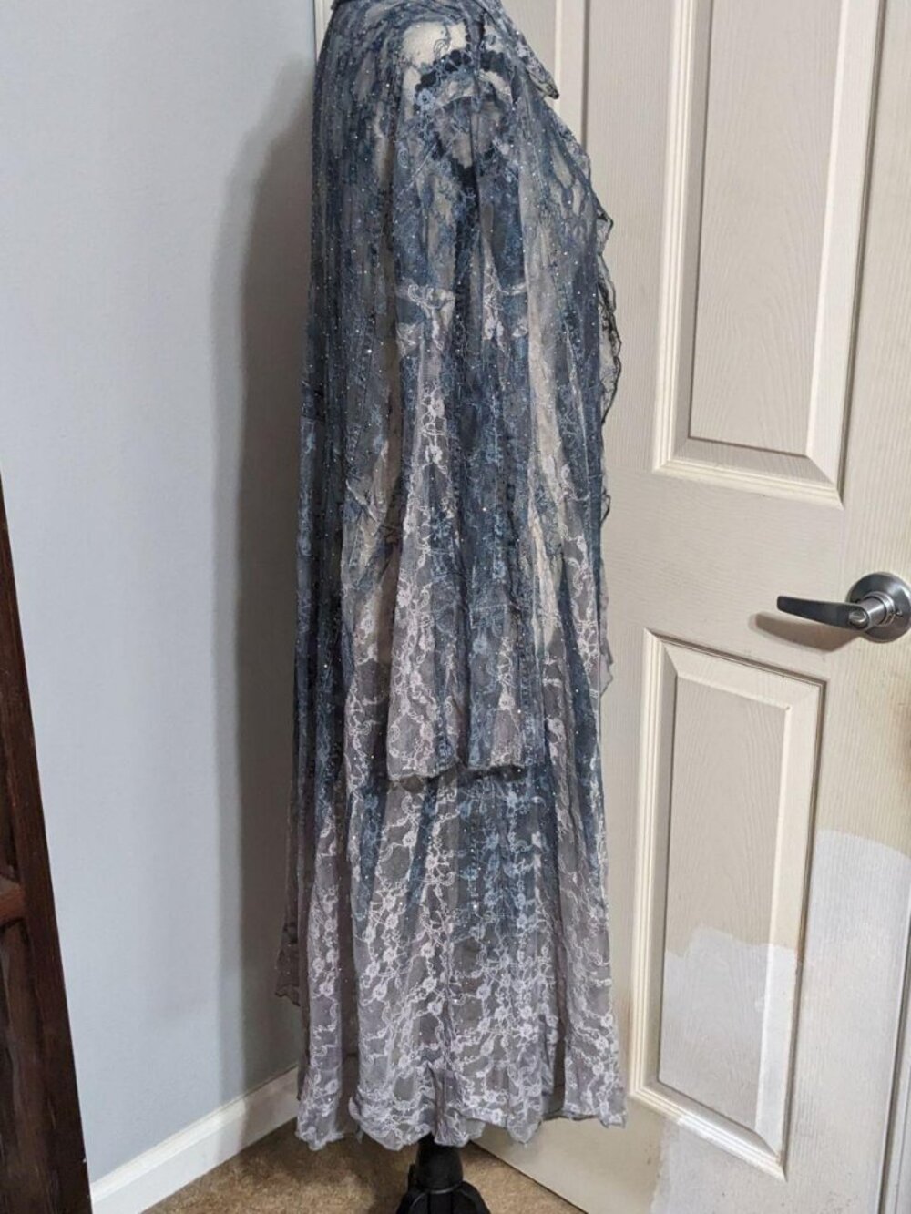 Origami Sheer Floral Lace Ruffle Duster Cardigan Slate Blue XXL Whimsigoth - Picture 4 of 6